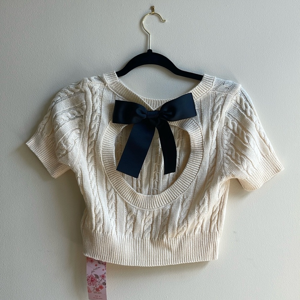 Small (so small) ivory acrylic sweater from SHEIN MOD, ribbon accent, cropped